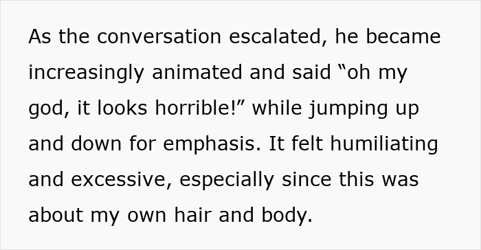 Text describing a toxic guy acting crazy and disrespecting wife's autonomy during a heated conversation about her hair and body.