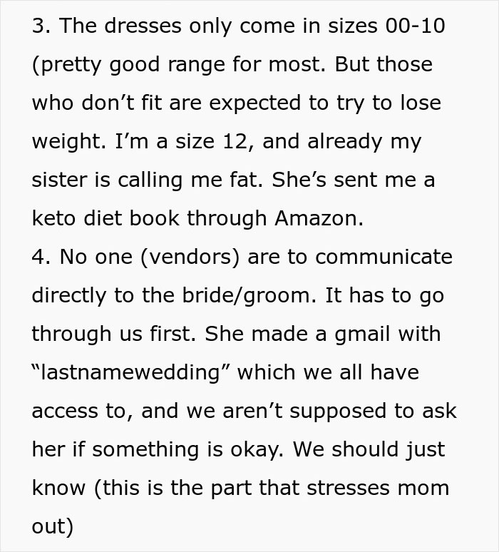 Text excerpt showing family tensions as sister turns into a bridezilla with strict wedding rules and weight comments.