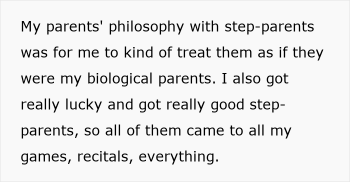 Text explaining a woman’s experience with her seven parents, including biological and step-parents, and their supportive philosophy.