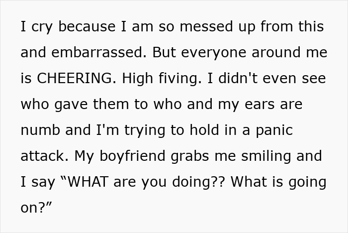 Text on a white background describing a woman’s emotional panic triggered by her boyfriend’s family’s traumatizing Christmas tradition. Text on a white background describing a woman’s emotional panic triggered by her boyfriend’s family’s traumatizing Christmas tradition.