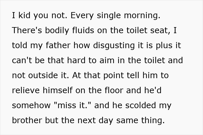 Text describing frustration over stains left on the toilet seat, highlighting disgust and need to shame brother publicly.