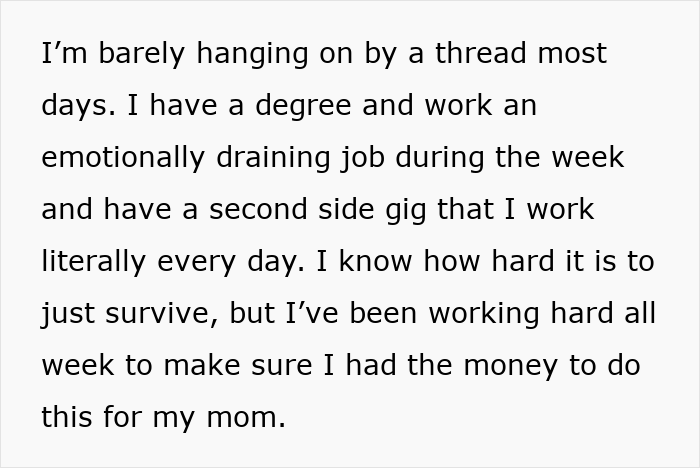 Text discussing emotional and financial struggles working multiple jobs while trying to contribute to mom’s birthday gift. Text discussing emotional and financial struggles working multiple jobs while trying to contribute to mom’s birthday gift.
