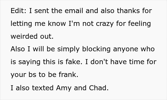Text message update discussing blocking skeptics and mentioning coworkers Amy and Chad after filming disabled coworker.
