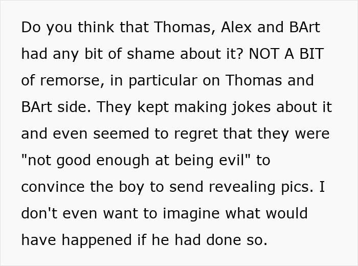 Text excerpt showing a discussion about bullying, joking, and regret involving Thomas, Alex, and Bart as teens. Text excerpt showing a discussion about bullying, joking, and regret involving Thomas, Alex, and Bart as teens.