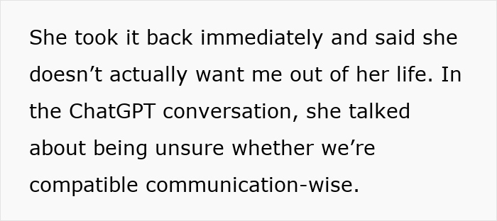 Text excerpt from a ChatGPT conversation where a woman uses AI as her personal relationship coach discussing compatibility concerns. Text excerpt from a ChatGPT conversation where a woman uses AI as her personal relationship coach discussing compatibility concerns.