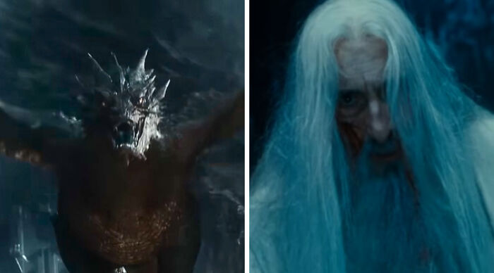 Would You Rather: menacing dragon facing a bloodied long-haired white wizard in dark film scene