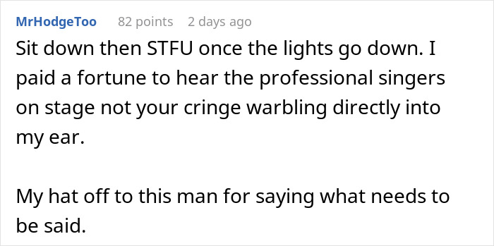 Male Karen Reddit comment rant about telling noisy theatergoer to be quiet during Mamma Mia Broadway show