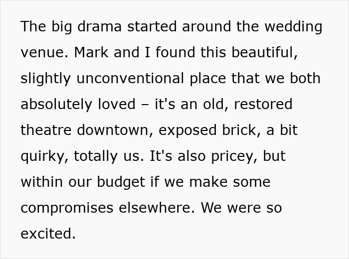 Text describing wedding venue drama with a woman snapping at MIL over a supposedly generous but controlling gift.