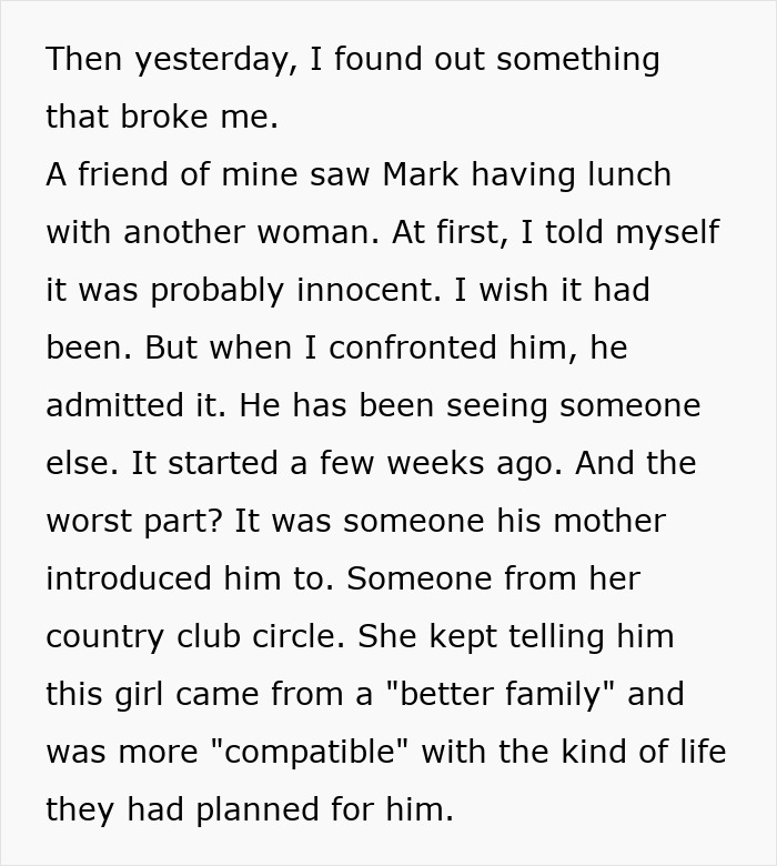 Text excerpt showing a woman describing how her mother-in-law’s manipulative gift attempts to control her life. Text excerpt showing a woman describing how her mother-in-law’s manipulative gift attempts to control her life.