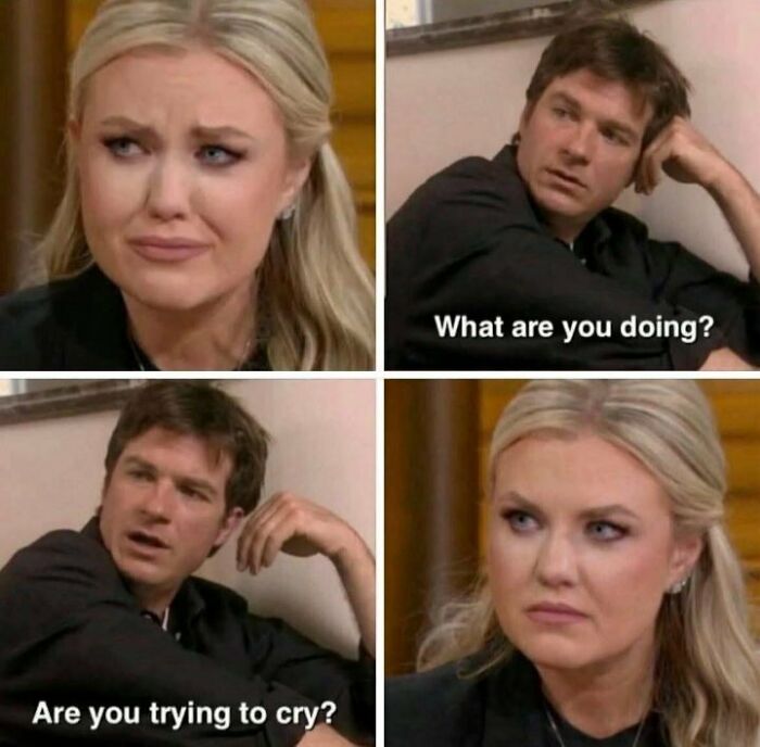 Four-panel meme with a blonde woman showing emotional expressions and a man asking if she is trying to cry, Erika Kirk memes.