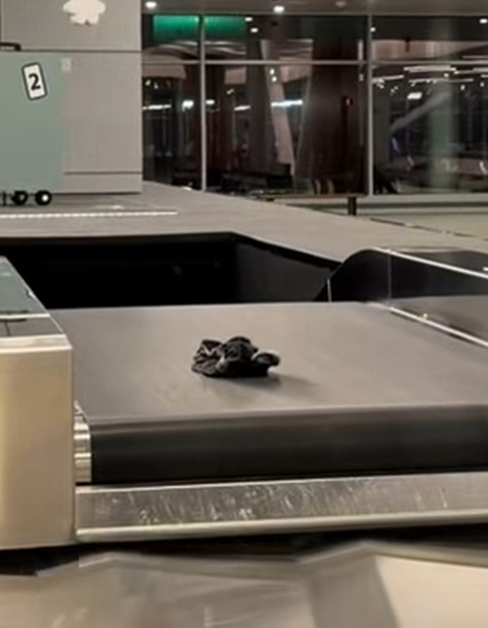 Underwear appears one by one on baggage claim carousel at airport, causing a viral passenger moment. Underwear appears one by one on baggage claim carousel at airport, causing a viral passenger moment.