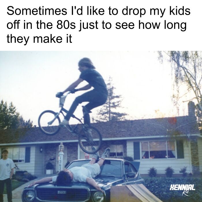 A nostalgic 80s scene showing a kid jumping a bike over a person lying on a vintage car in a suburban backyard.