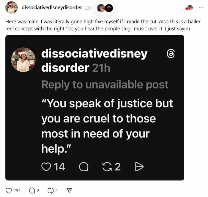 Social media post showing a deleted Disney thread with comments on justice and cruelty to those in need.