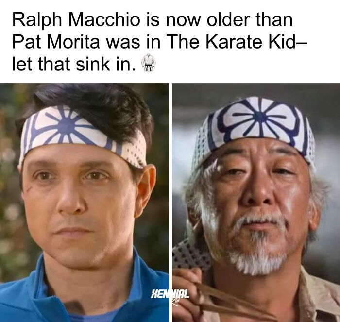 Split image showing Ralph Macchio and Pat Morita wearing headbands from The Karate Kid, evoking nostalgic trip for xenials.