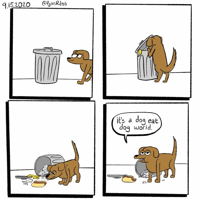 Comic artist’s dark, absurd punchline with a dog scavenging trash, turning a cute setup into unexpected humor.
