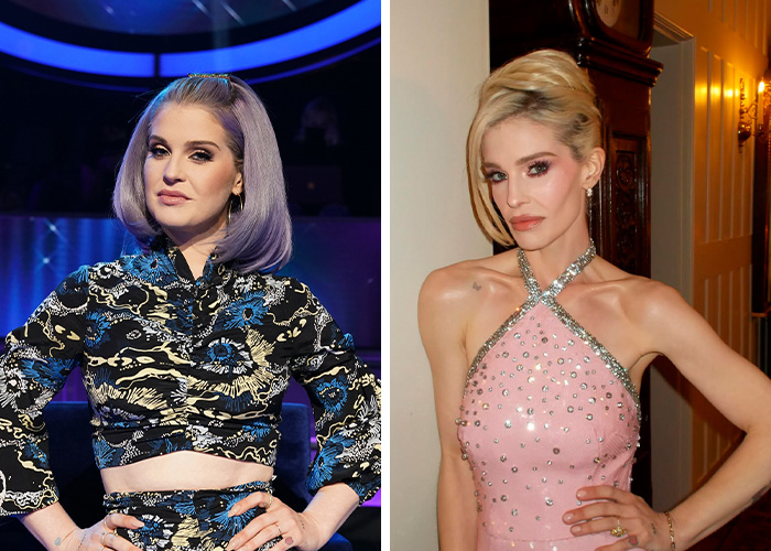 Two women posing indoors, one with lavender hair wearing a patterned outfit, the other in a pink dress showing an extremely skinny look.