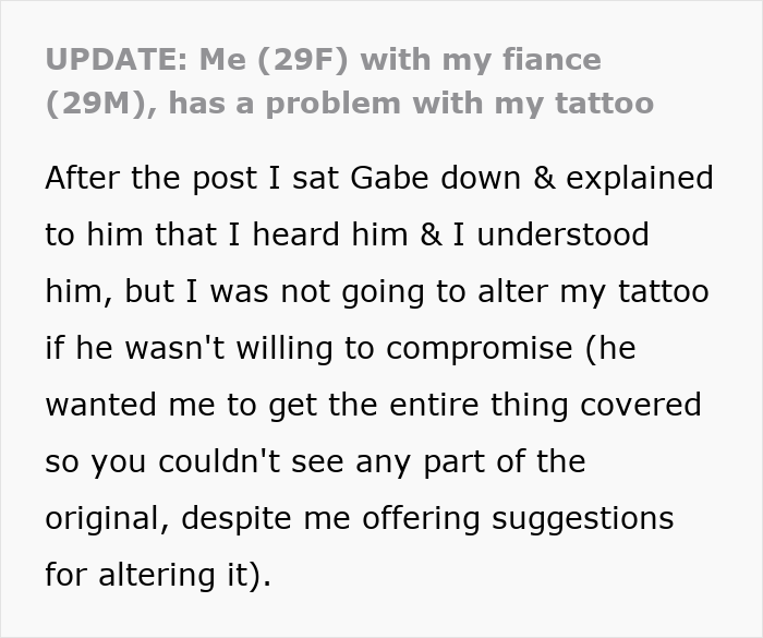 Text post about fianc&eacute; having a problem with tattoo designed by ex, causing wedding postponement after jealous talk.
