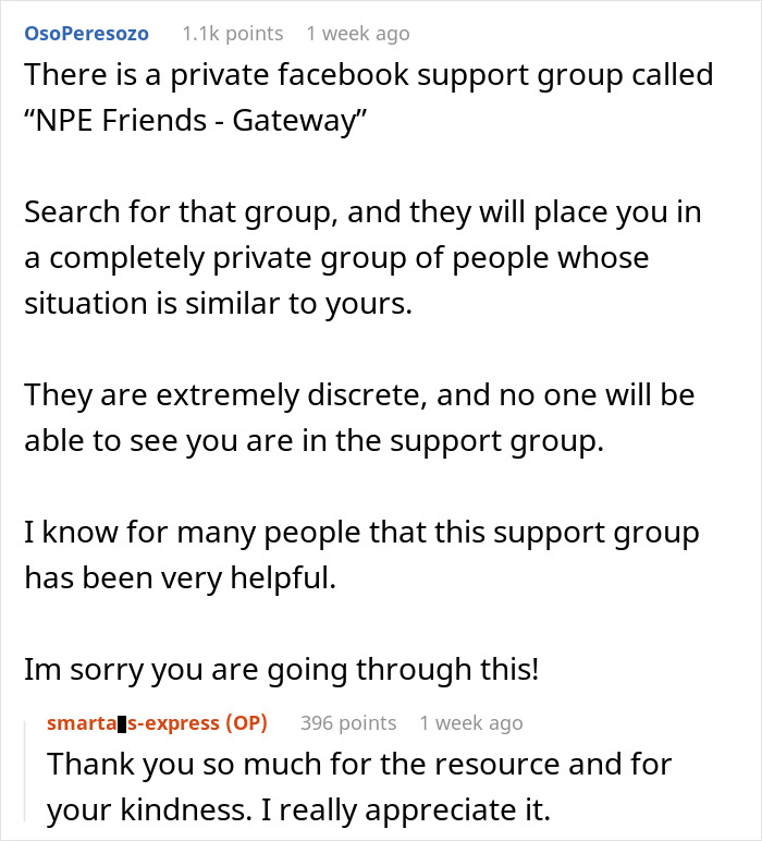 Comments discussing a private Facebook support group for people discovering secret family through ancestry tests.