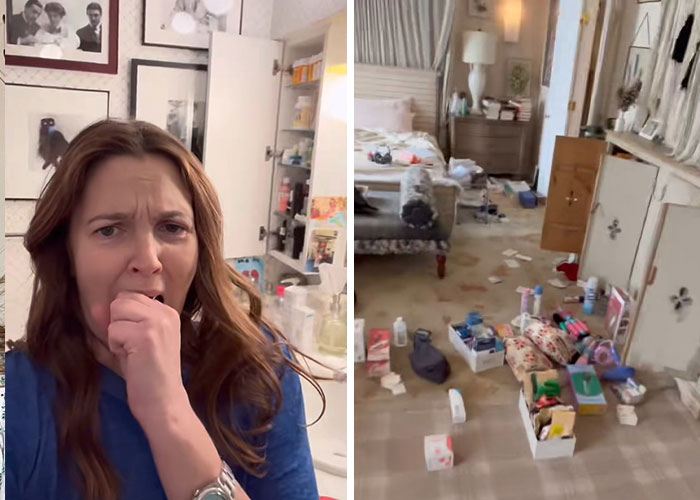 Woman shocked by cluttered and messy celebrity home interior, showing worst celebrity homes and poor taste in decor.
