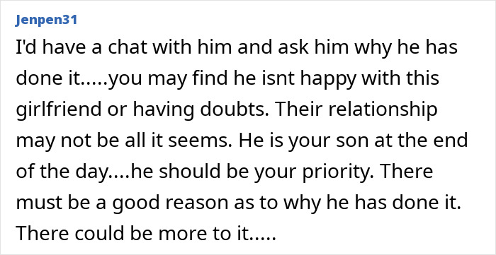 Screenshot of online comment discussing reasons why son may be cheating and advising conversation with mom about cheating. Screenshot of online comment discussing reasons why son may be cheating and advising conversation with mom about cheating.