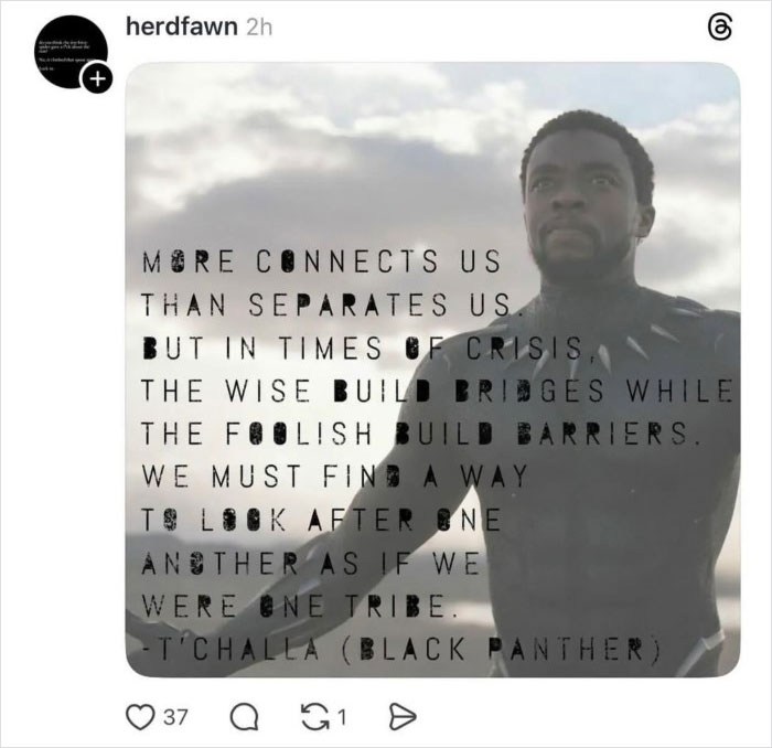 Screenshot of a viral Disney thread featuring a Black Panther quote about unity and crisis, causing unexpected reactions.