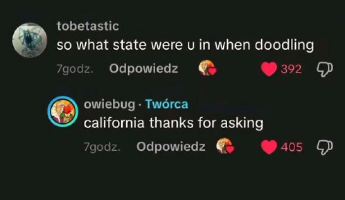 Screenshot of weird, funny TikTok comments with playful exchange about states while doodling, highlighting TikTok comments humor.