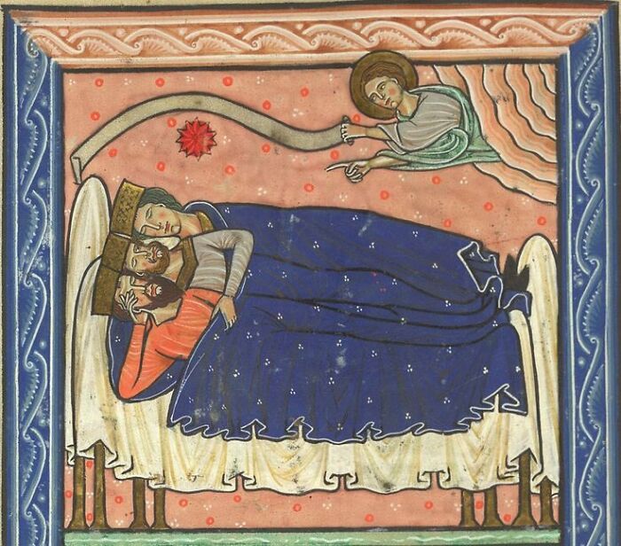 Medieval painting depicting a crowned couple in bed with an angel above, illustrating medieval art for meme captions and punchlines.