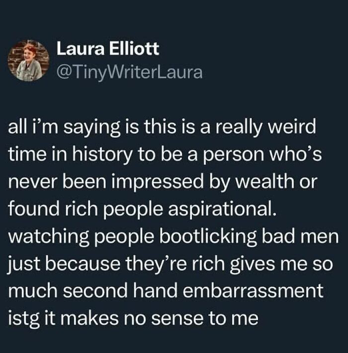 Funny meme text about wealth and secondhand embarrassment shared on social media for energy-lacking moments.