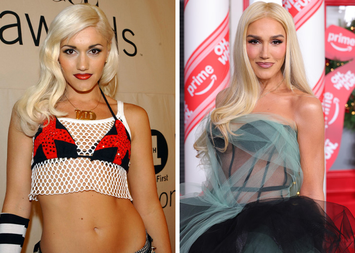 Famous woman showing youthful appearance with long blonde hair at two different events, embodying forever young look.