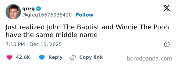Screenshot of a humorous social media post comparing John The Baptist and Winnie The Pooh, funny screenshots distraction.