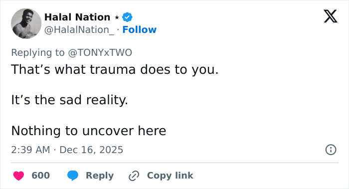 Tweet from Halal Nation responding to trauma with a comment on Erika Kirk photo before Charlie's assassination makeup transformation.