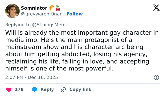 Screenshot of a Twitter reply discussing Will Byers as a key LGBTQ character in Stranger Things media. Screenshot of a Twitter reply discussing Will Byers as a key LGBTQ character in Stranger Things media.