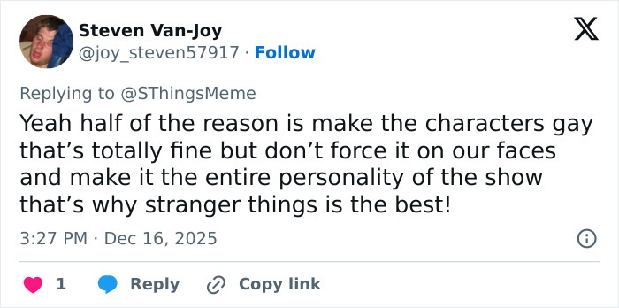 Tweet criticizing Stranger Things for focusing on making characters gay, mentioning Noah Schnapp and Will Byers in a fan reply. Tweet criticizing Stranger Things for focusing on making characters gay, mentioning Noah Schnapp and Will Byers in a fan reply.