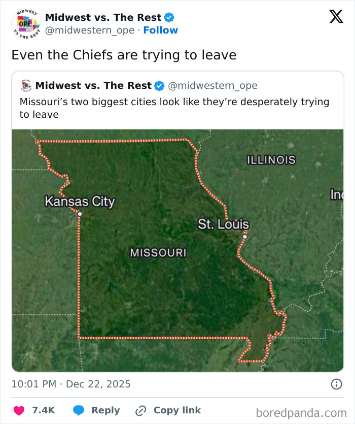 Tweet showing a Midwest meme about Missouri’s Kansas City and St. Louis trying to leave, highlighting Midwest life humor.