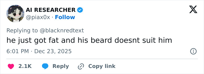 Tweet by AI researcher commenting on a 2000s teen heartthrob’s unrecognizable appearance at 48 being heavily criticized. Tweet by AI researcher commenting on a 2000s teen heartthrob’s unrecognizable appearance at 48 being heavily criticized.