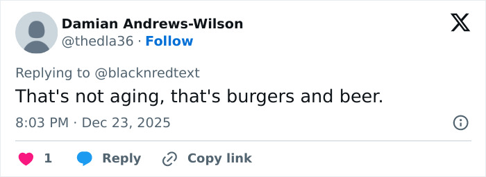 Tweet screenshot showing user Damian Andrews-Wilson replying with a comment about aging and appearance, related to 2000s teen heartthrob. Tweet screenshot showing user Damian Andrews-Wilson replying with a comment about aging and appearance, related to 2000s teen heartthrob.