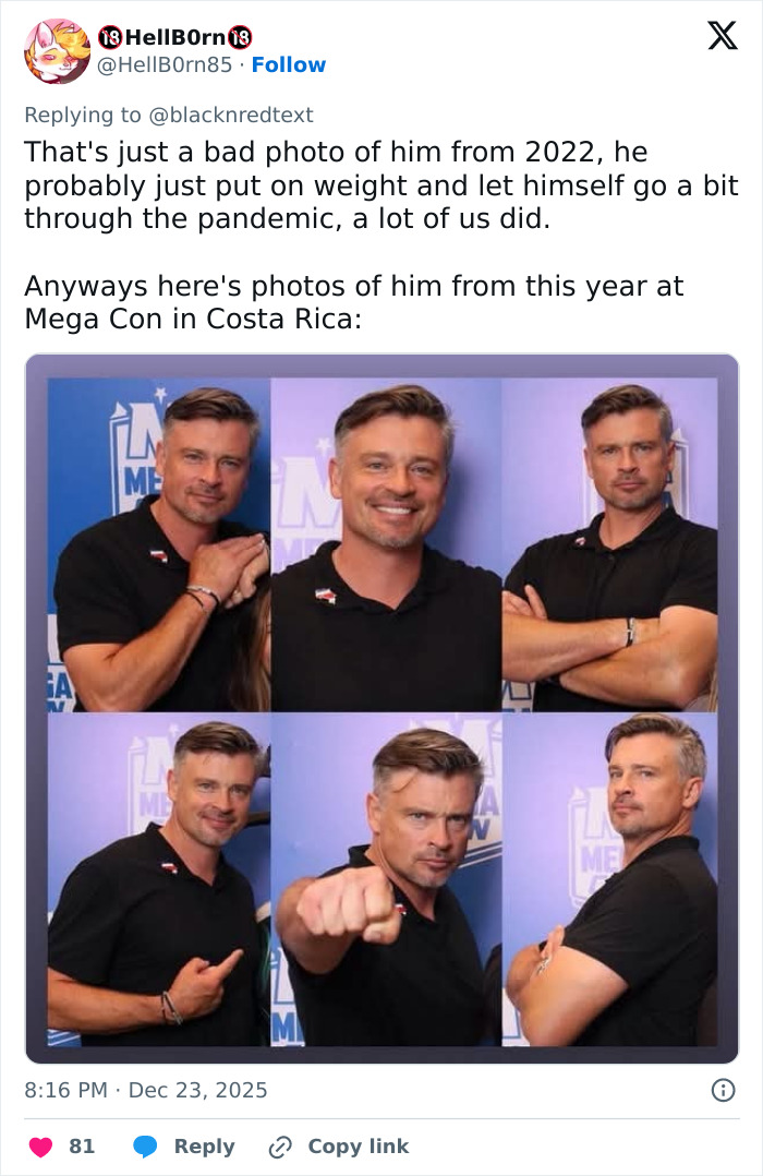 Collage of 2000s teen heartthrob at Mega Con in Costa Rica, posing in six photos with varying expressions and gestures. Collage of 2000s teen heartthrob at Mega Con in Costa Rica, posing in six photos with varying expressions and gestures.