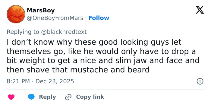 Tweet discussing a 2000s teen heartthrob’s changed appearance at 48 with critiques on weight and facial hair. Tweet discussing a 2000s teen heartthrob’s changed appearance at 48 with critiques on weight and facial hair.