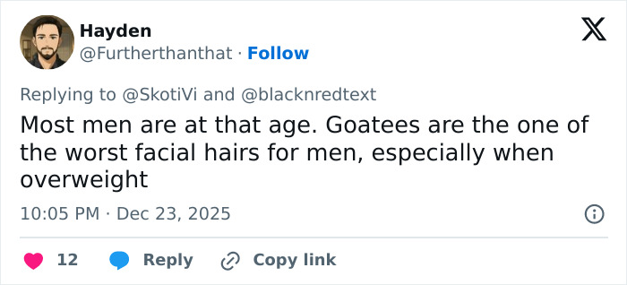 Screenshot of a Twitter reply discussing goatees and appearance, related to 2000s teen heartthrob unrecognizable at 48. Screenshot of a Twitter reply discussing goatees and appearance, related to 2000s teen heartthrob unrecognizable at 48.