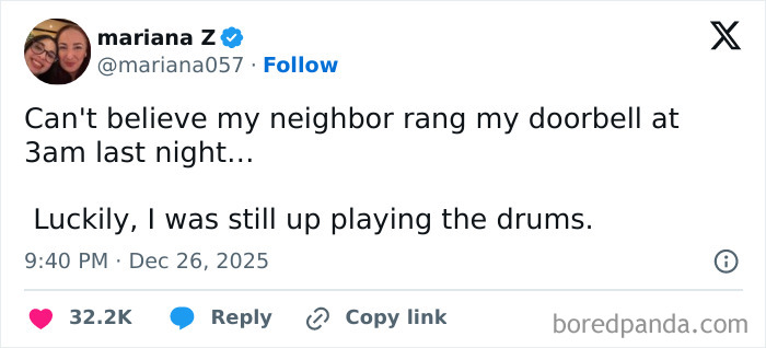 Funny screenshot of a tweet humorously describing a late-night neighbor ringing the doorbell while playing the drums.