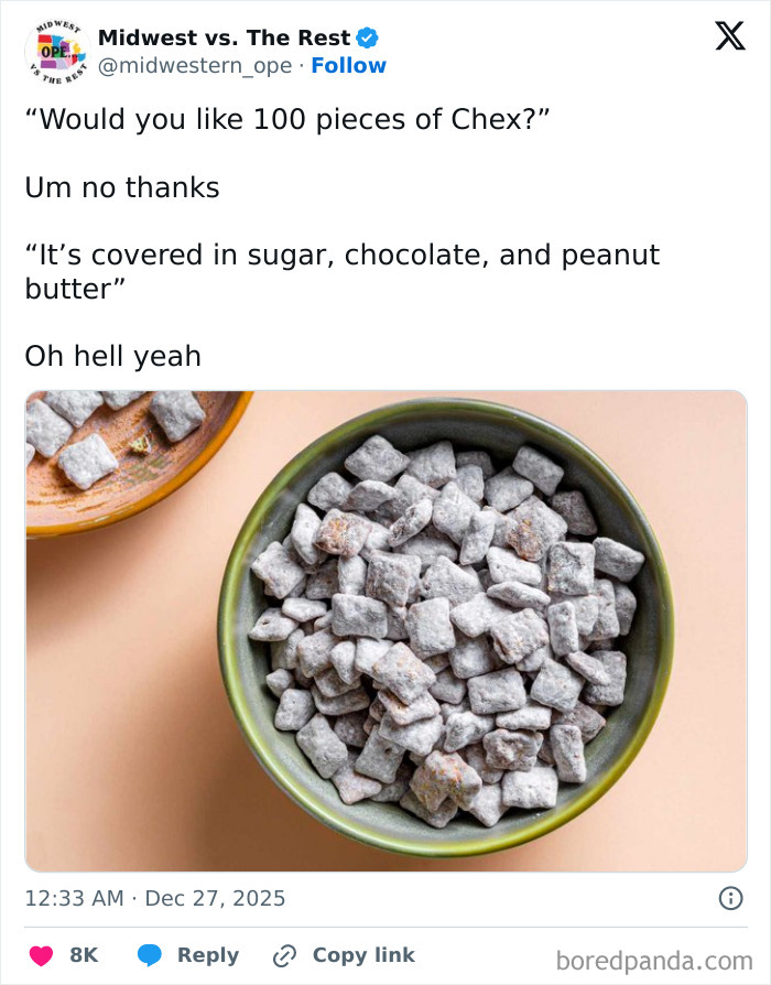 Bowl of sugar, chocolate, and peanut butter covered Chex cereal, highlighting Midwest life and comfort snacks.