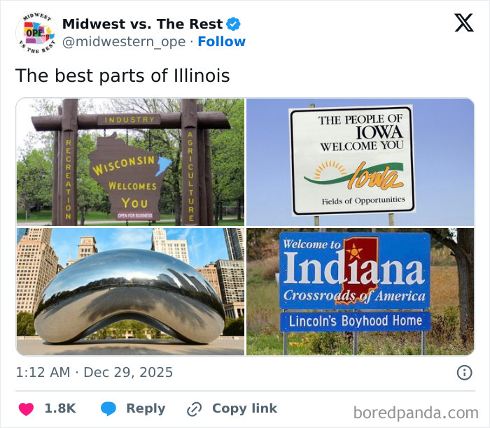 Road signs and landmark bean sculpture representing Midwest life and agriculture, evoking craving for corn.