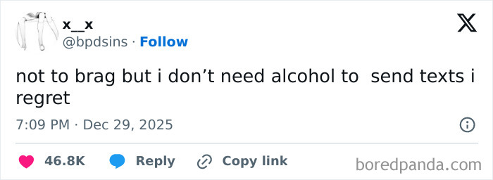 Tweet from a dad joke post saying they don’t need alcohol to regret sending texts, part of funny dad joke posts from Facebook group.