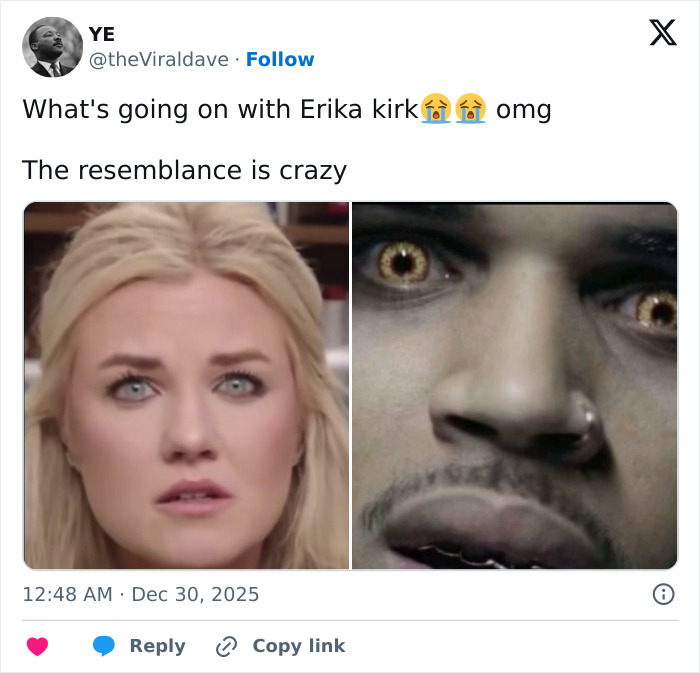 Split image showing a shocked Erika Kirk next to a close-up of a terrifying face, capturing wild Erika Kirk memes.