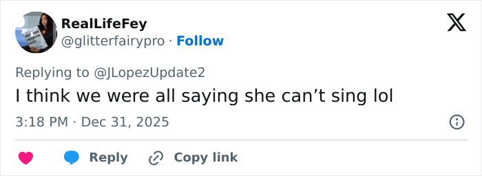 Tweet replying to Jennifer Lopez update, discussing her viral response to critics about dressing her age, displayed on a social media interface. Tweet replying to Jennifer Lopez update, discussing her viral response to critics about dressing her age, displayed on a social media interface.