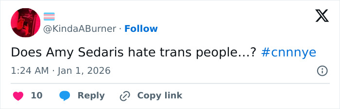 Screenshot of a tweet questioning Amy Sedaris’s transphobic jab during CNN’s New Year’s Eve broadcast. Screenshot of a tweet questioning Amy Sedaris’s transphobic jab during CNN’s New Year’s Eve broadcast.