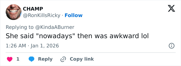 Twitter reply screenshot showing user @RonKillsRicky commenting on Amy Sedaris's awkward moment on CNN's New Year's Eve broadcast.