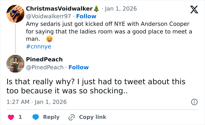 Screenshot of tweets discussing Amy Sedaris being removed from CNN's New Year's Eve broadcast over a transphobic jab controversy.