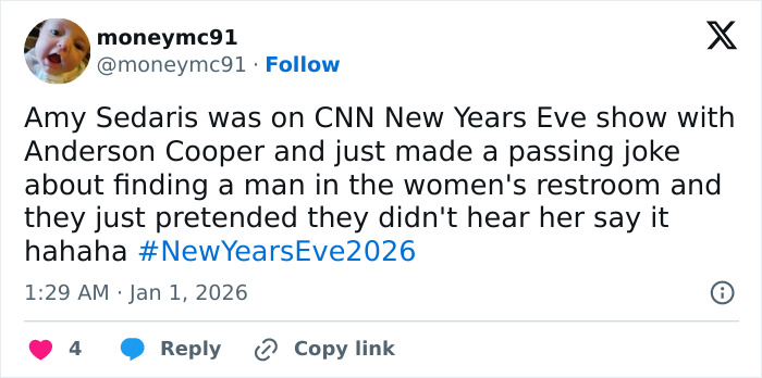 Tweet screenshot showing user comment on Amy Sedaris' transphobic jab during CNN New Year's Eve broadcast with hashtag NewYearsEve2026.