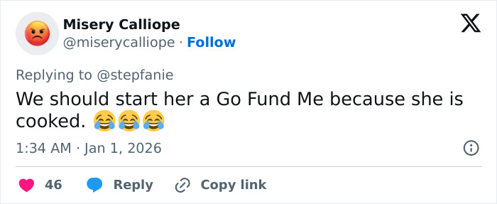 Tweet reacting to Amy Sedaris with laughing emojis and suggestion to start a Go Fund Me after transphobic jab on CNN broadcast.